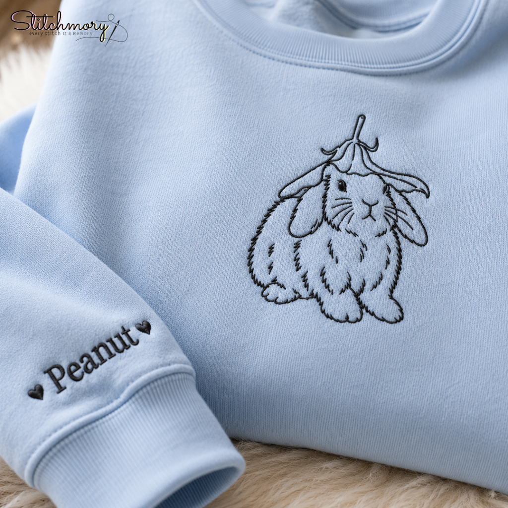 Personalized Bunny Minimal Line Art Embroidered Sweatshirt with Name, Custom Rabbit Portrait