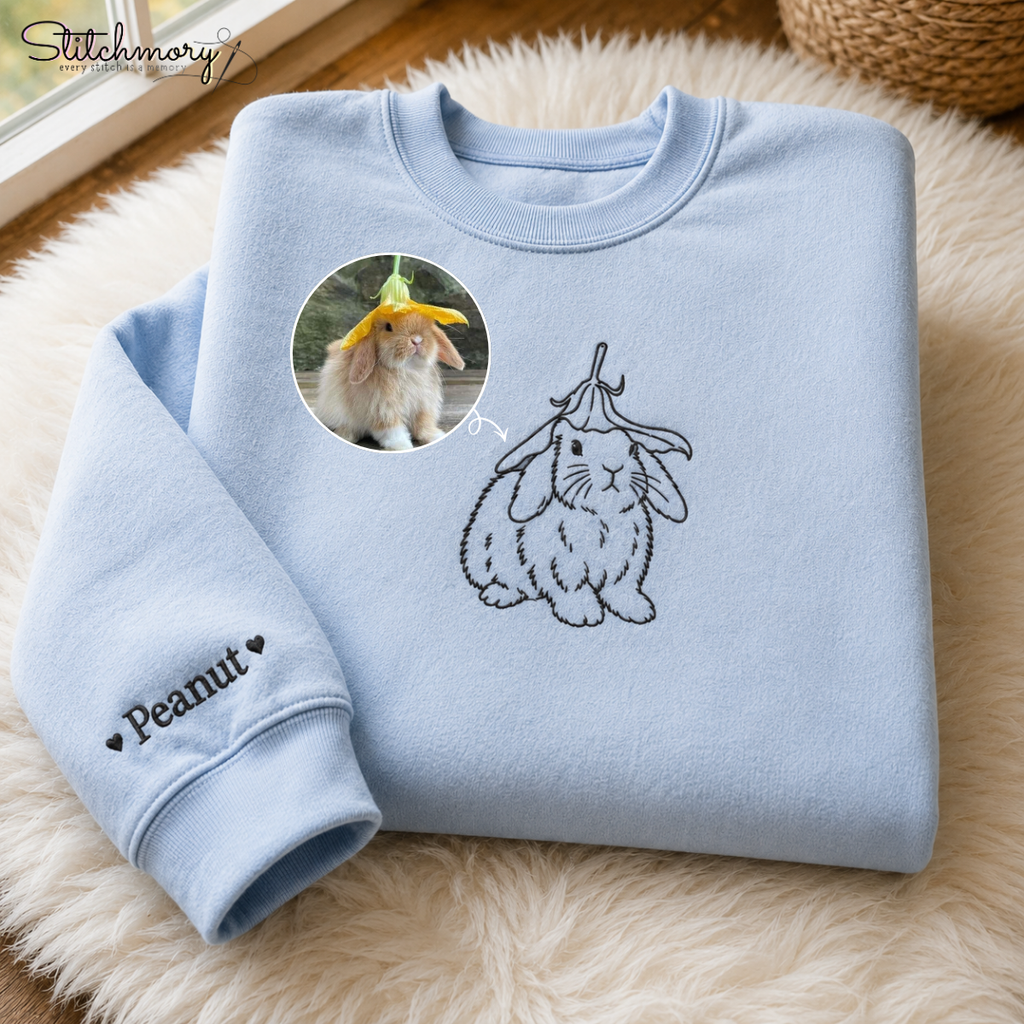 Personalized Bunny Minimal Line Art Embroidered Sweatshirt with Name, Custom Rabbit Portrait