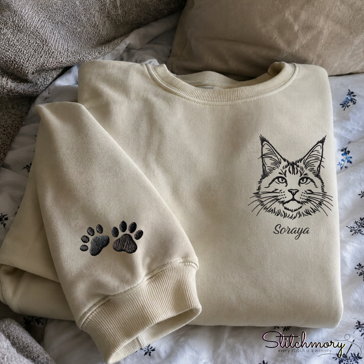 Custom Cat Line Art Embroidered Sweatshirt with Paw Print Sleeve | Personalized Pet Portrait Crewneck