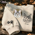 Custom Cat Line Art Embroidered Sweatshirt with Paw Print Sleeve | Personalized Pet Portrait Crewneck