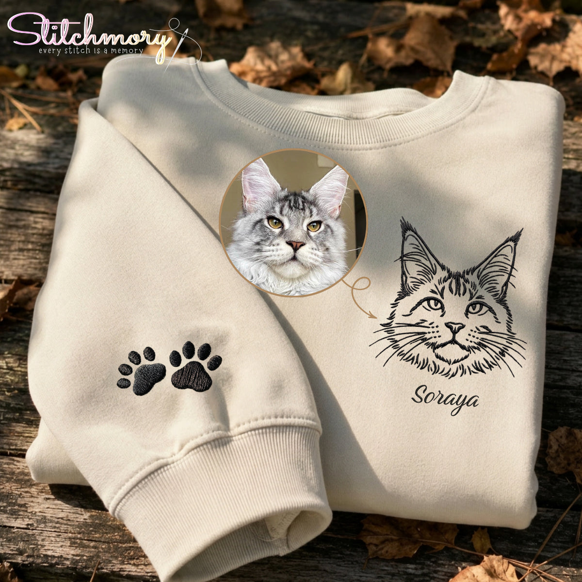 Custom Cat Line Art Embroidered Sweatshirt with Paw Print Sleeve | Personalized Pet Portrait Crewneck