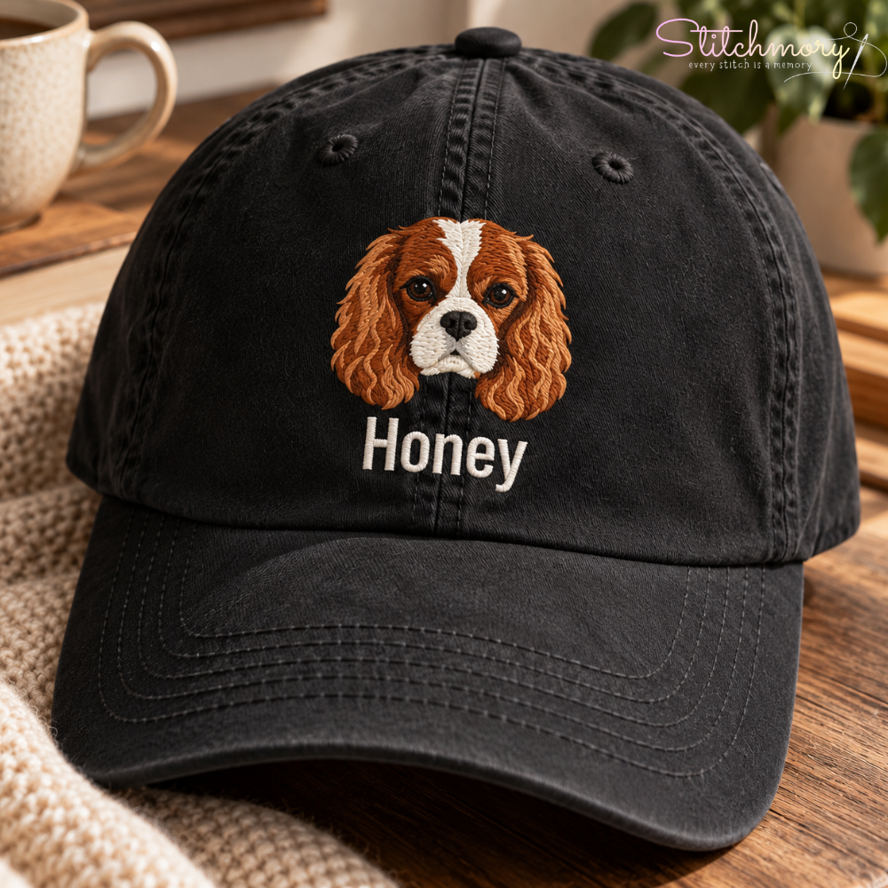 Custom Cavalier King Charles Spaniel Embroidered Cap – Personalized Dog Portrait Hat