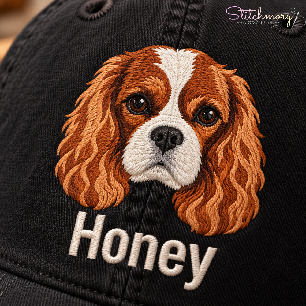 Custom Cavalier King Charles Spaniel Embroidered Cap – Personalized Dog Portrait Hat