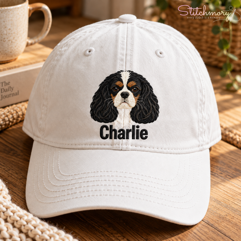 Custom Cavalier King Charles Spaniel Embroidered Cap – Personalized Dog Portrait Hat