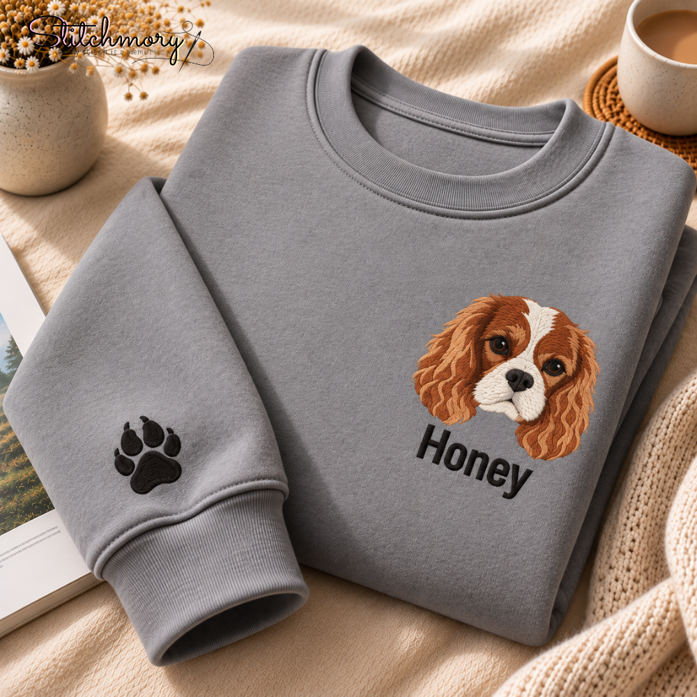 Custom Cavalier King Charles Spaniel Embroidered Sweatshirt – Personalized Dog Portrait Sweatshirt