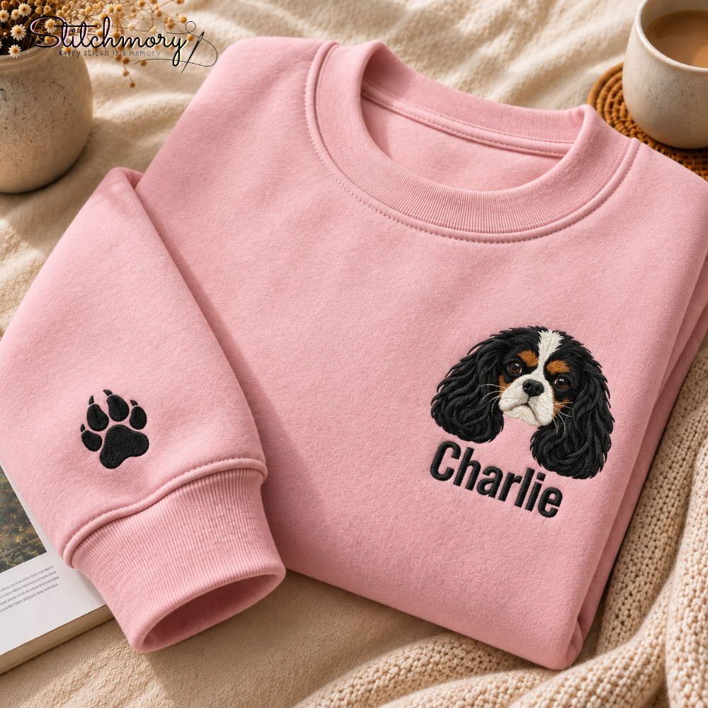Custom Cavalier King Charles Spaniel Embroidered Sweatshirt – Personalized Dog Portrait Sweatshirt