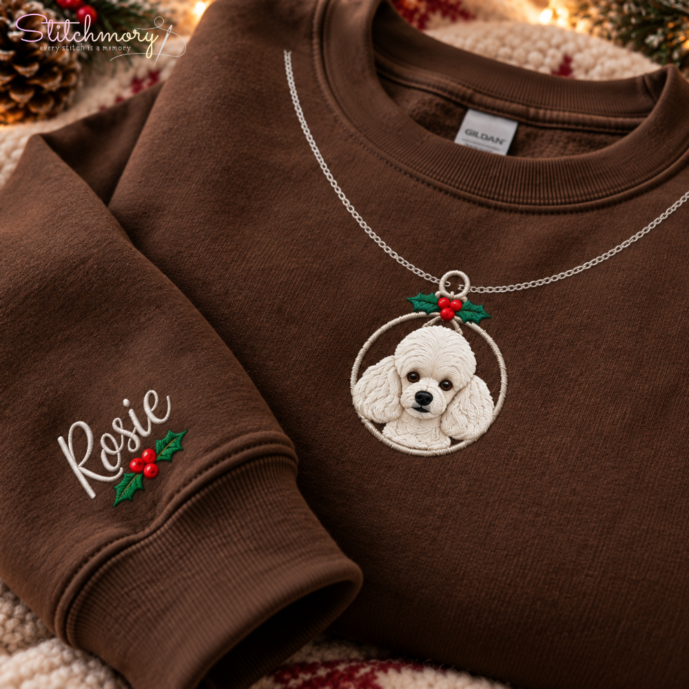 Custom Dog Christmas Ornament Necklace Embroidered Sweatshirt – Personalized Pet Photo & Name