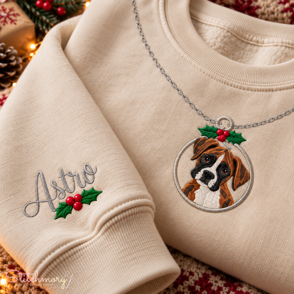 Custom Dog Christmas Ornament Necklace Embroidered Sweatshirt – Personalized Pet Photo & Name