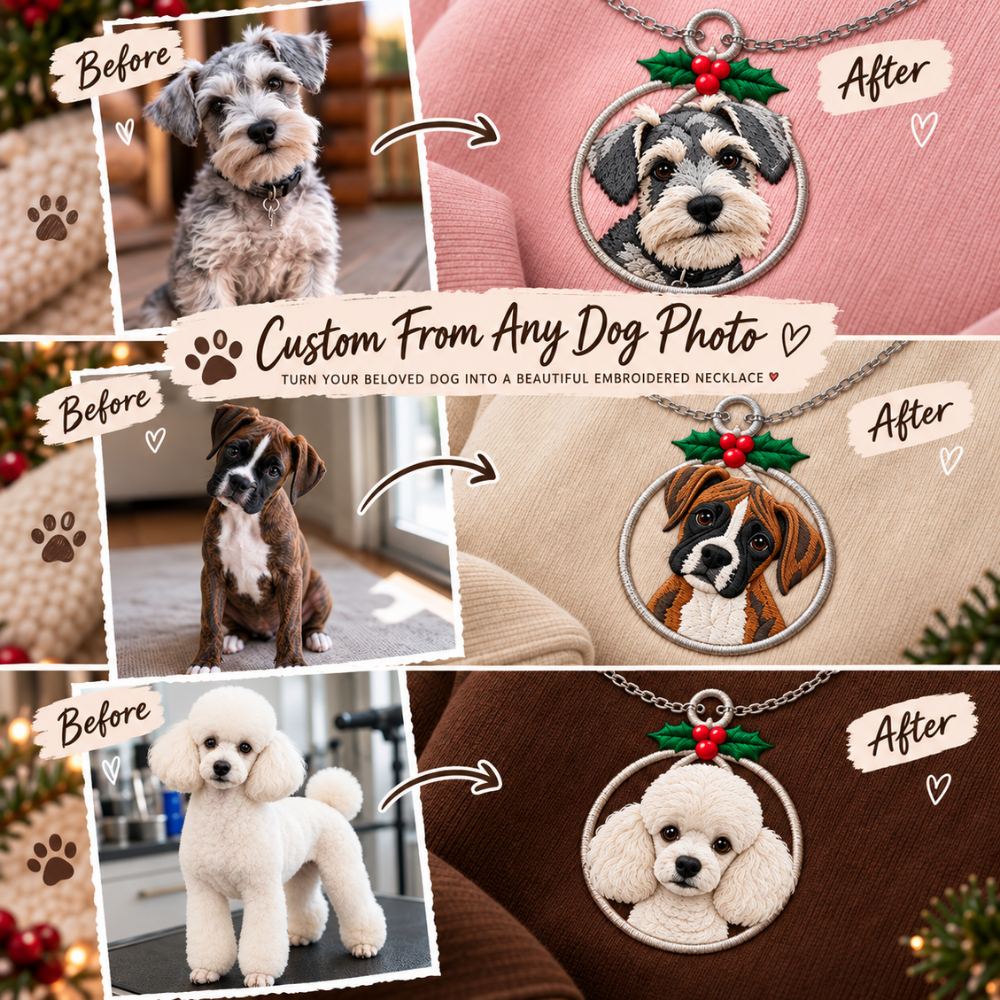 Custom Dog Christmas Ornament Necklace Embroidered Sweatshirt – Personalized Pet Photo & Name