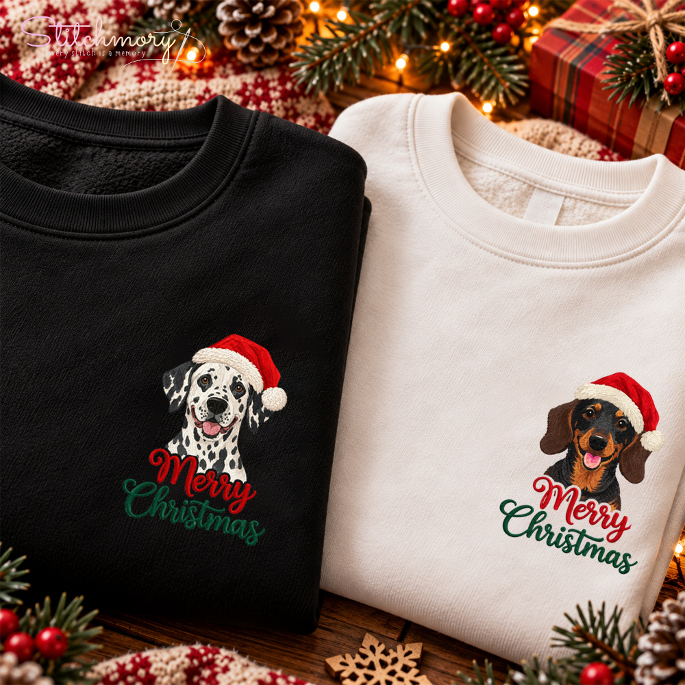 Custom Dog Portrait Merry Christmas Embroidered Sweatshirt – Personalized Pet Name, Christmas Gift for Dog Lovers