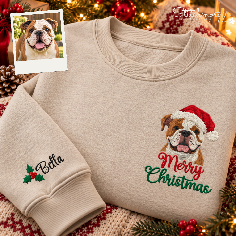 Custom Dog Portrait Merry Christmas Embroidered Sweatshirt – Personalized Pet Name, Christmas Gift for Dog Lovers
