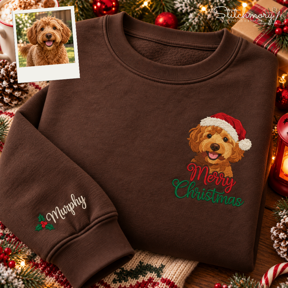 Custom Dog Portrait Merry Christmas Embroidered Sweatshirt – Personalized Pet Name, Christmas Gift for Dog Lovers