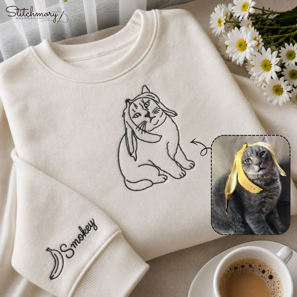 Custom Funny Cat Moment Embroidered Sweatshirt, Personalized Cat Portrait with Name