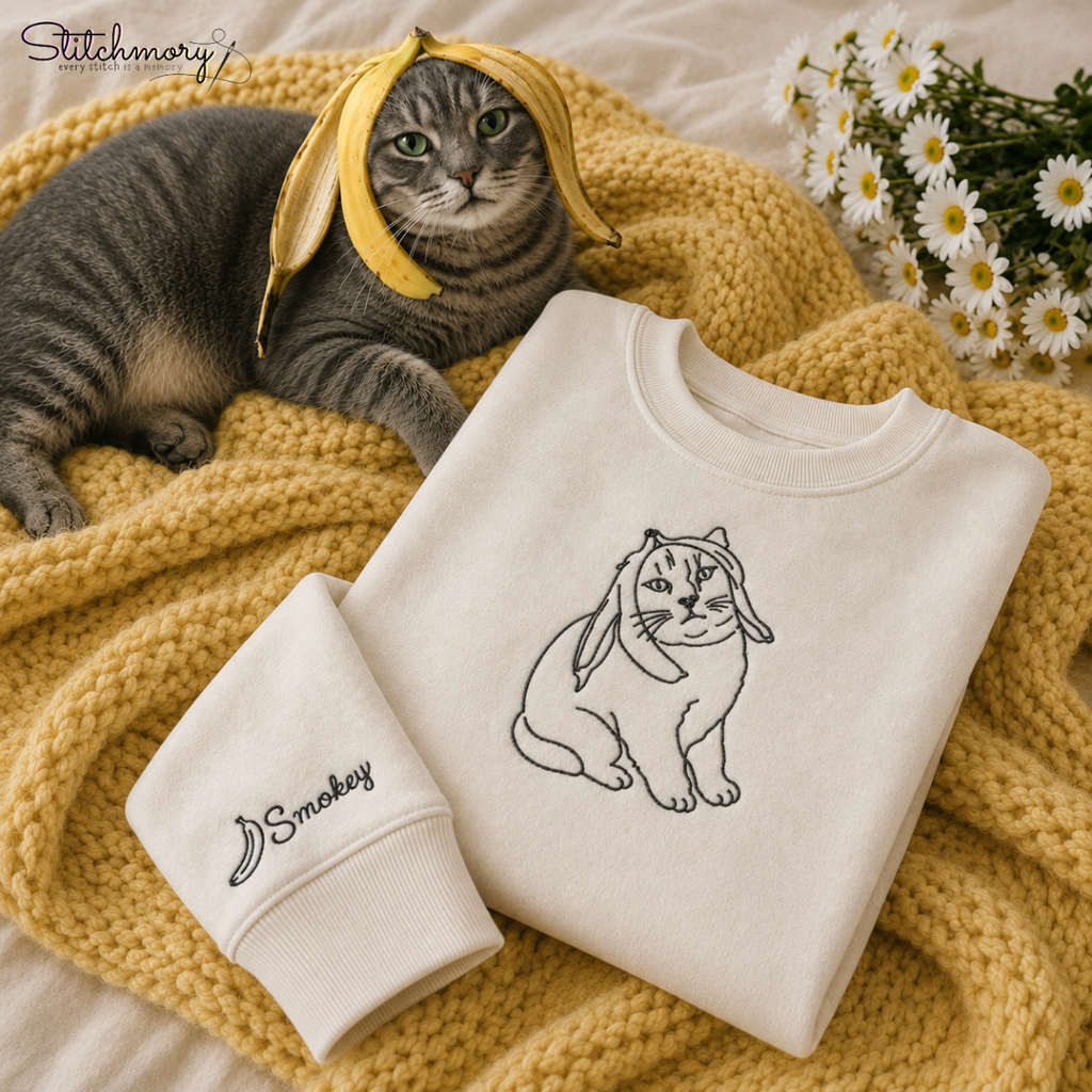 Custom Funny Cat Moment Embroidered Sweatshirt, Personalized Cat Portrait with Name