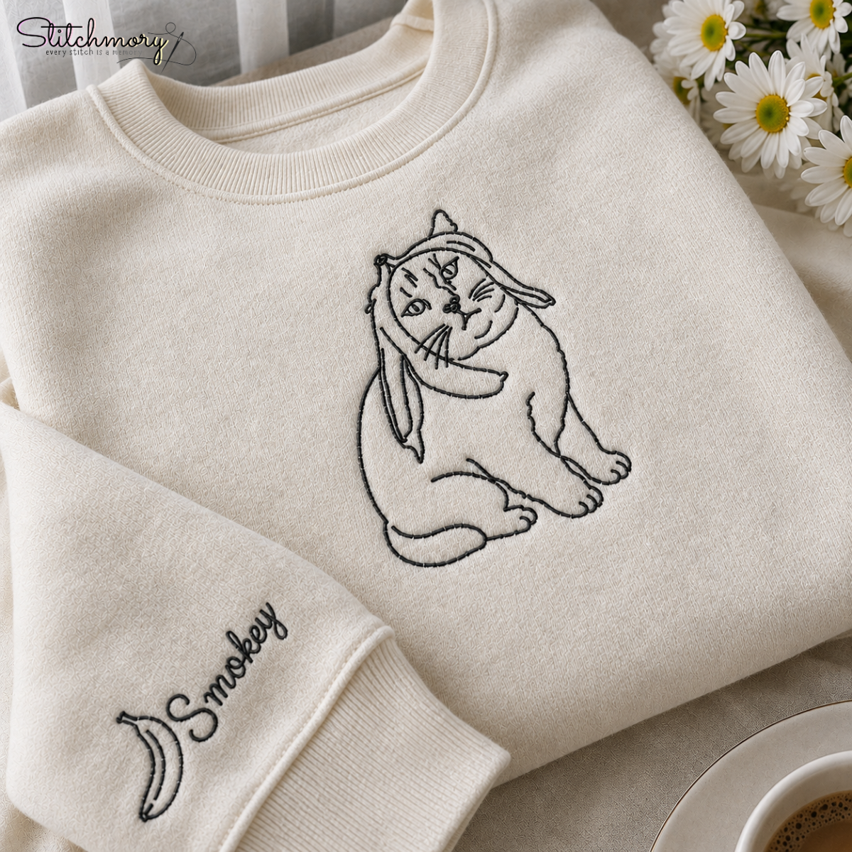Custom Funny Cat Moment Embroidered Sweatshirt, Personalized Cat Portrait with Name