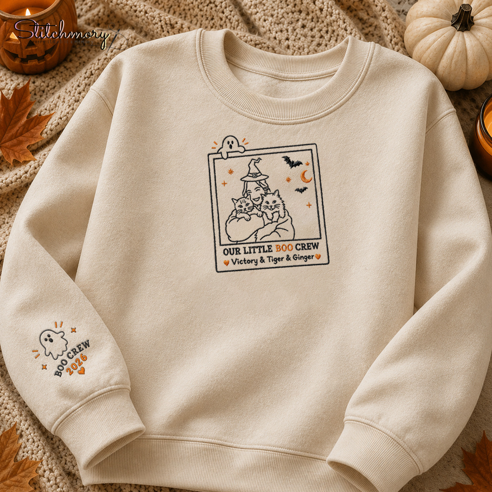 Custom Halloween Out Little Boo Crew Embroidered Sweatshirt, Personalized Portrait from Pet & Owner Photo