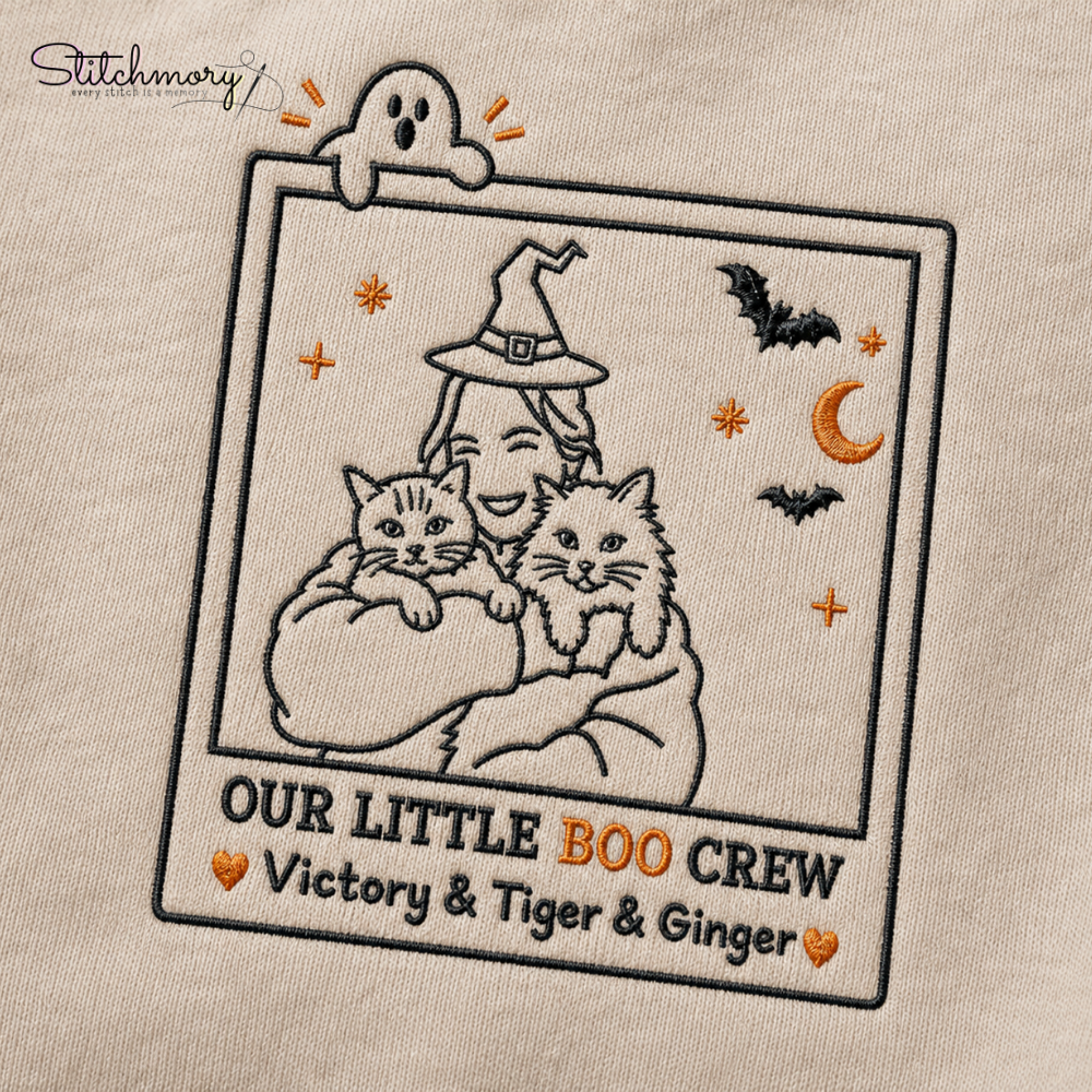 Custom Halloween Out Little Boo Crew Embroidered Sweatshirt, Personalized Portrait from Pet & Owner Photo