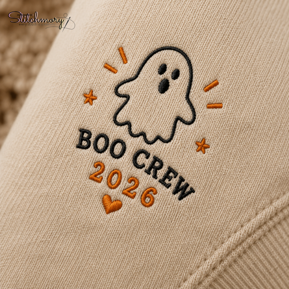 Custom Halloween Out Little Boo Crew Embroidered Sweatshirt, Personalized Portrait from Pet & Owner Photo