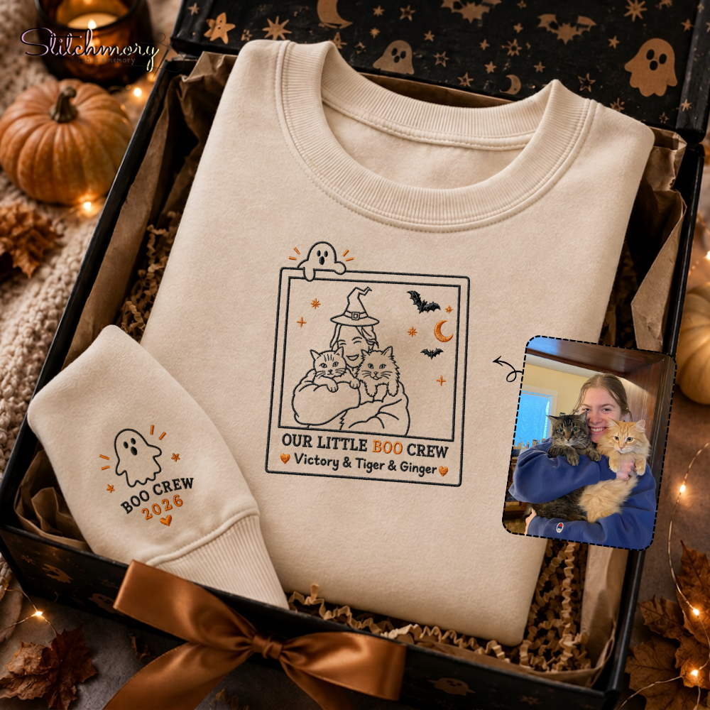 Custom Halloween Out Little Boo Crew Embroidered Sweatshirt, Personalized Portrait from Pet & Owner Photo