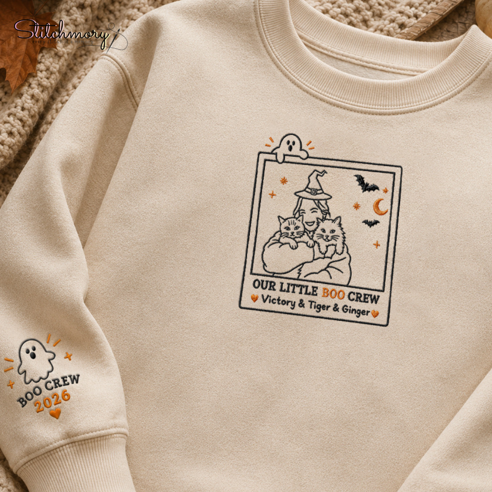 Custom Halloween Out Little Boo Crew Embroidered Sweatshirt, Personalized Portrait from Pet & Owner Photo