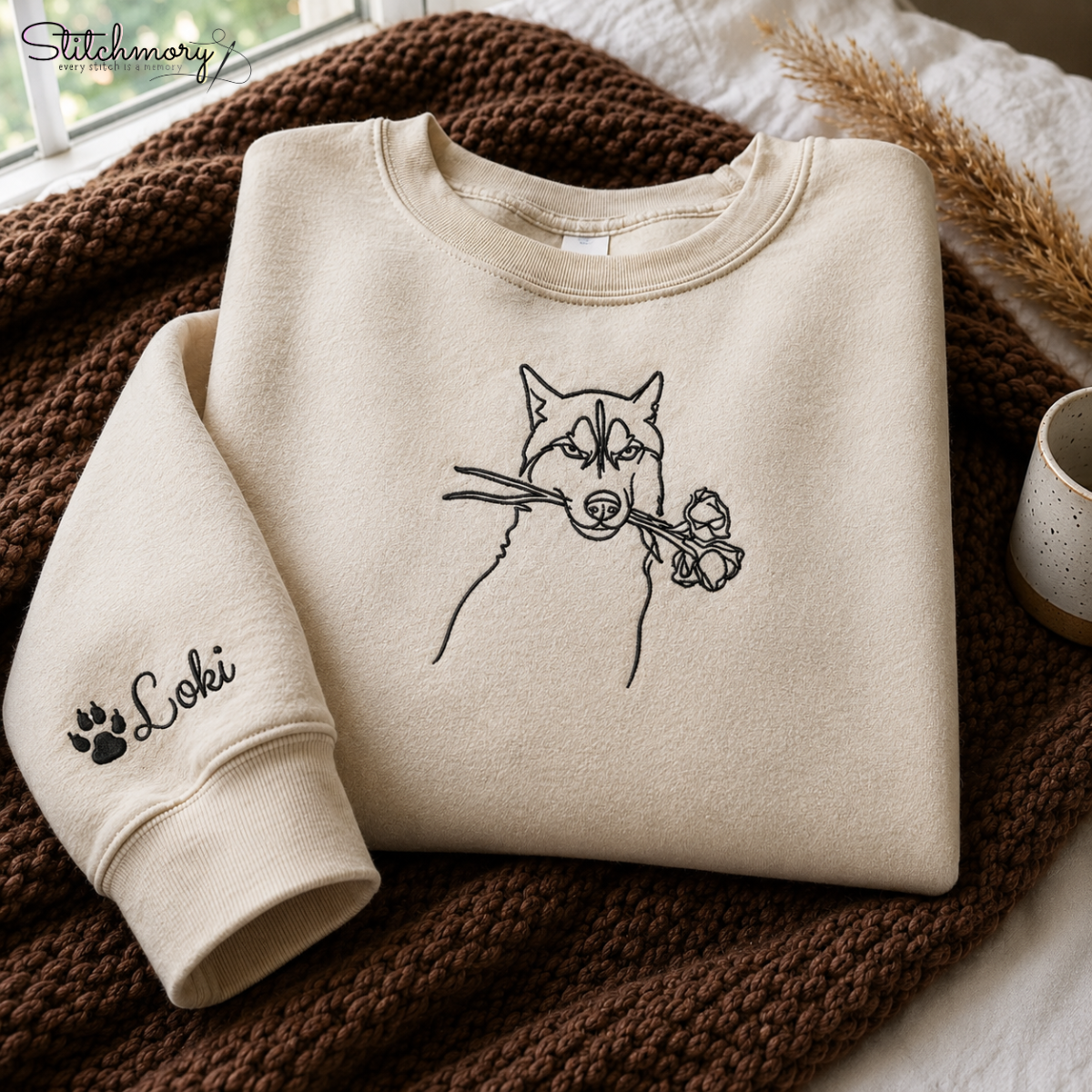 Custom Husky Minimal Outline Embroidered Sweatshirt, Personalized Dog Portrait Gift