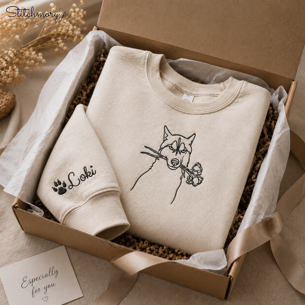 Custom Husky Minimal Outline Embroidered Sweatshirt, Personalized Dog Portrait Gift