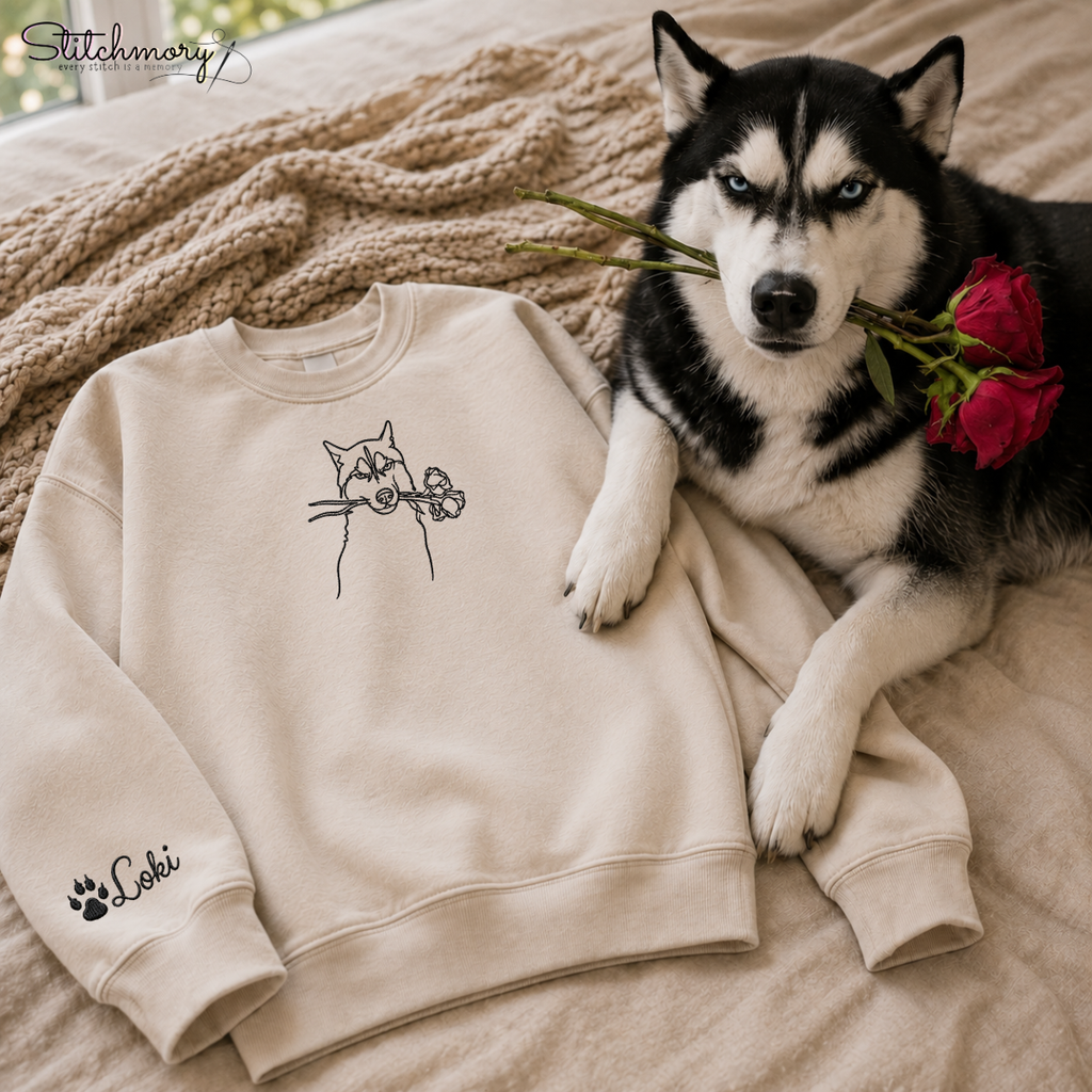 Custom Husky Minimal Outline Embroidered Sweatshirt, Personalized Dog Portrait Gift