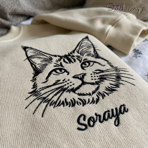 Custom Cat Line Art Embroidered Sweatshirt with Paw Print Sleeve | Personalized Pet Portrait Crewneck