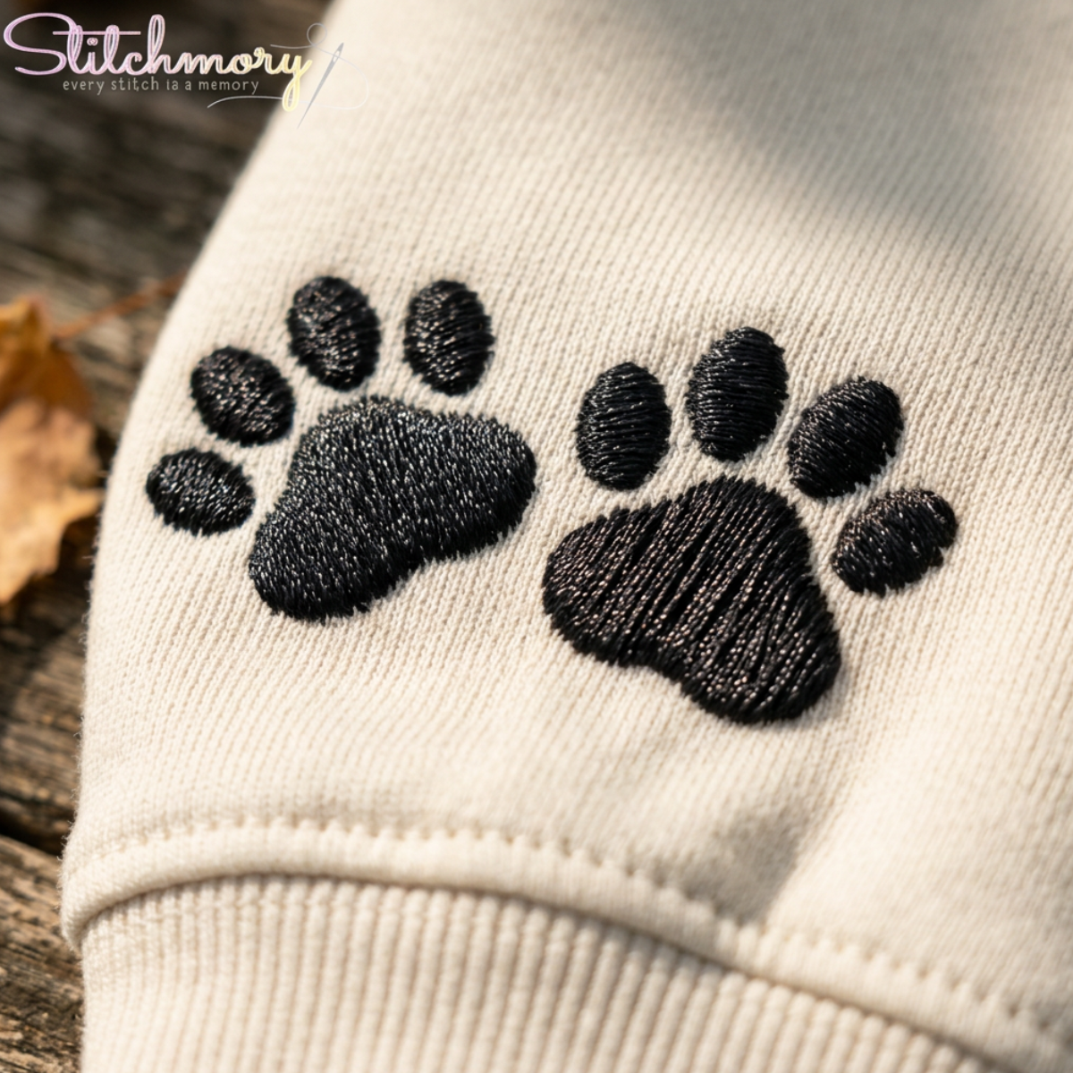 Custom Cat Line Art Embroidered Sweatshirt with Paw Print Sleeve | Personalized Pet Portrait Crewneck