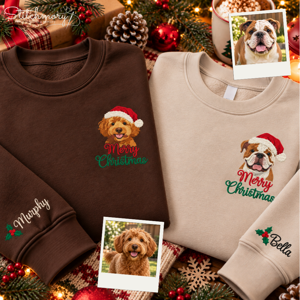 Custom Merry Christmas Dog Portrait Embroidered Sweatshirt – Personalized Pet Name, Christmas Gift for Dog Lovers