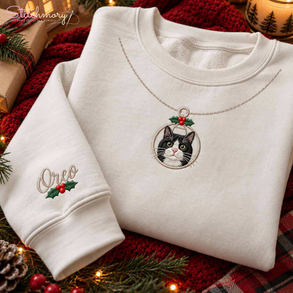 Custom Pet Christmas Ornament Necklace Embroidered Sweatshirt – Personalized Pet Photo & Name