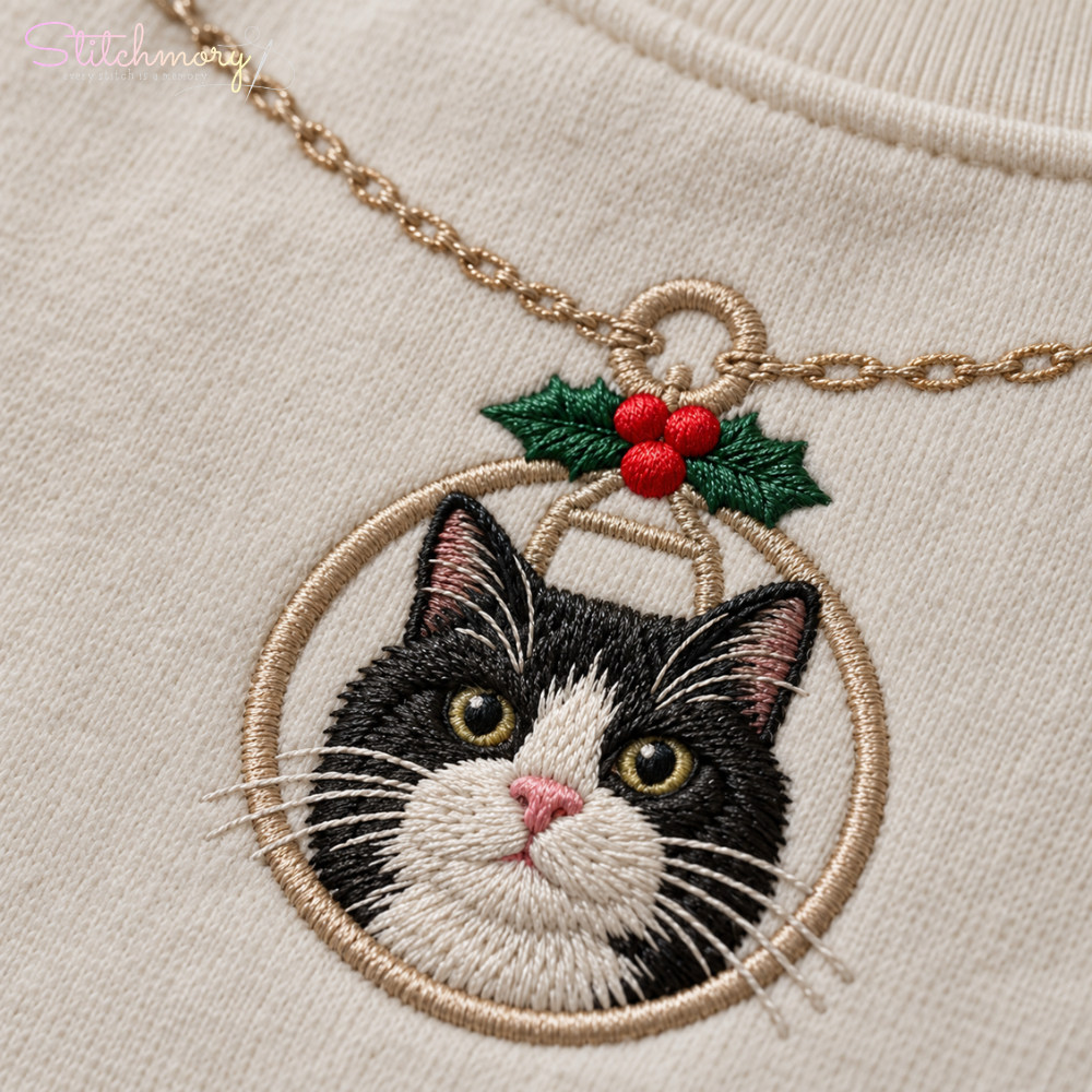 Custom Pet Christmas Ornament Necklace Embroidered Sweatshirt – Personalized Pet Photo & Name