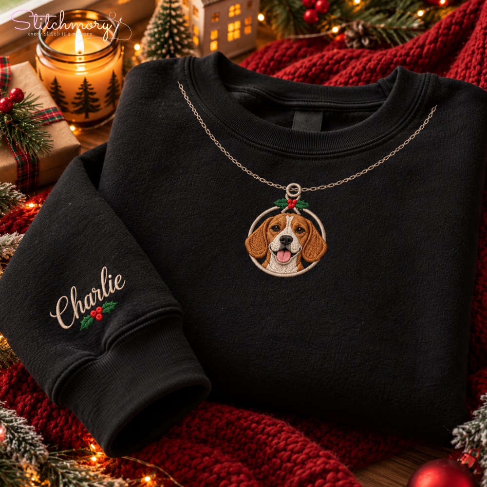 Custom Pet Christmas Ornament Necklace Embroidered Sweatshirt – Personalized Pet Photo & Name