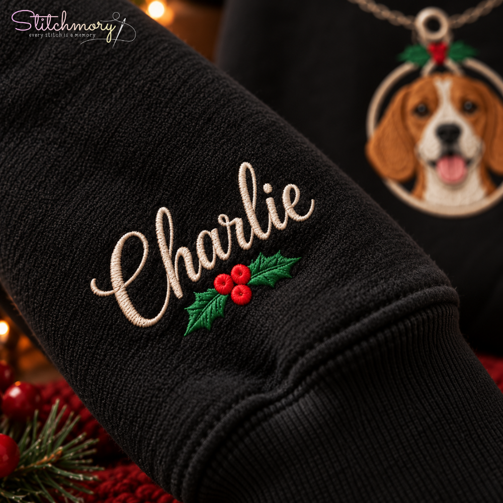 Custom Pet Christmas Ornament Necklace Embroidered Sweatshirt – Personalized Pet Photo & Name