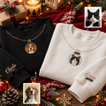 Custom Pet Christmas Ornament Necklace Embroidered Sweatshirt – Personalized Pet Photo & Name