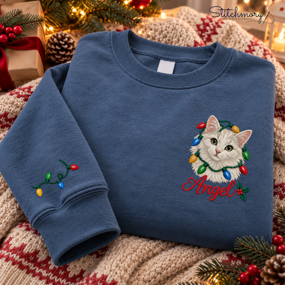 Custom Pet Photo Christmas Lights Embroidered Sweatshirt – Personalized Dog & Cat Sweatshirt