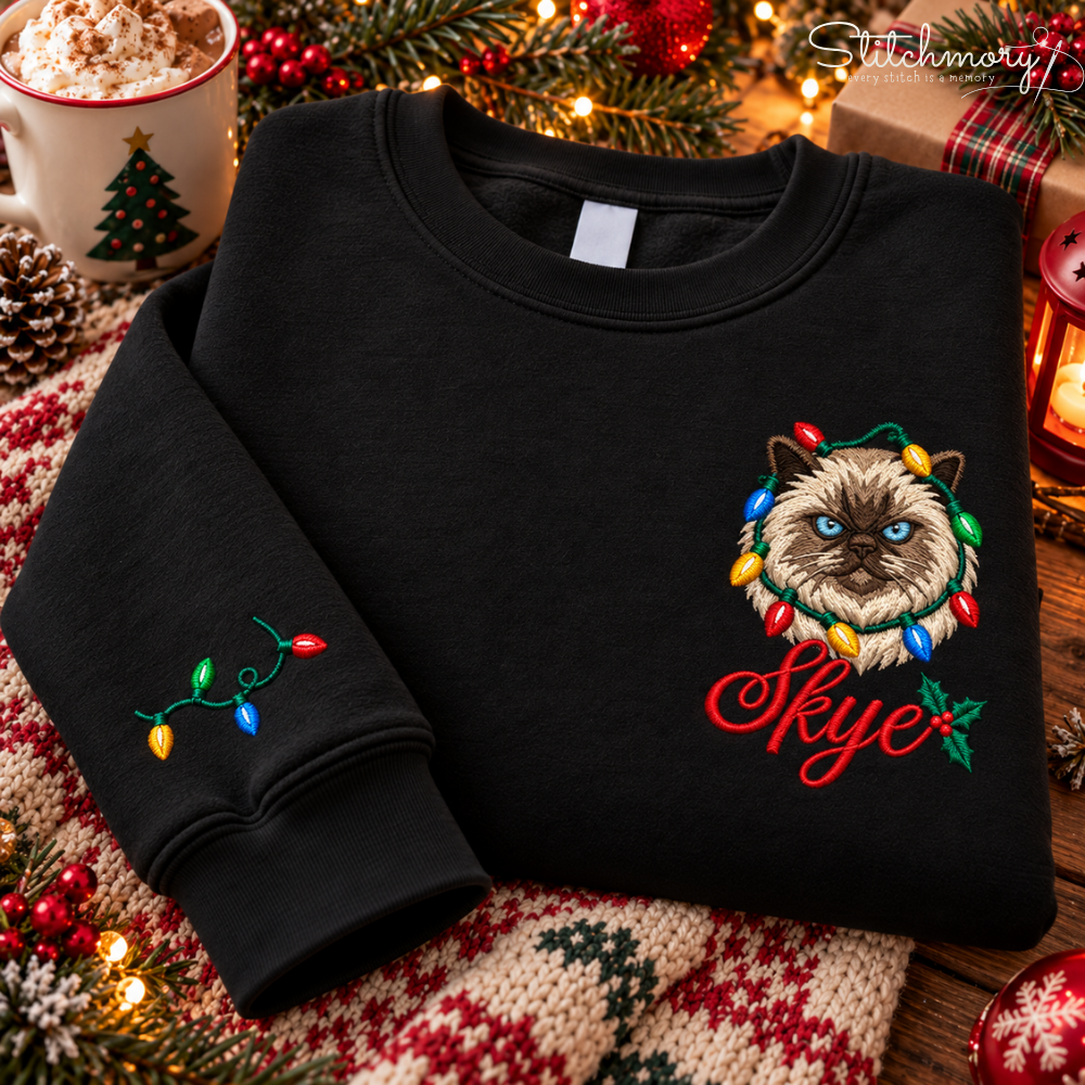 Custom Pet Portrait Christmas Lights Embroidered Sweatshirt with Name – Personalized Pet Lover Gift