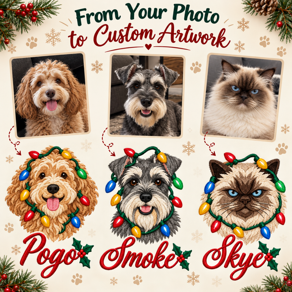 Custom Pet Portrait Christmas Lights Embroidered Sweatshirt with Name – Personalized Pet Lover Gift