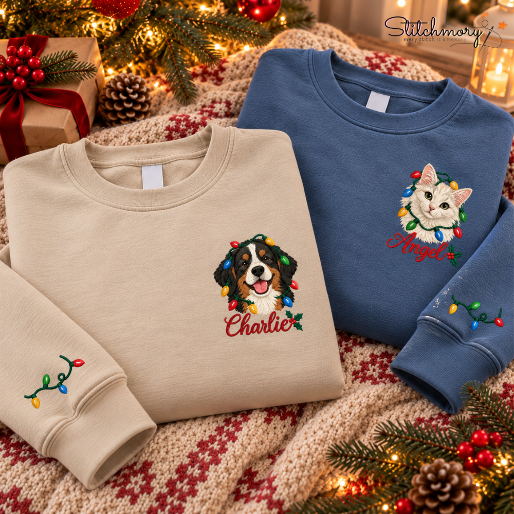 Custom Pet Photo Christmas Lights Embroidered Sweatshirt – Personalized Dog & Cat Sweatshirt