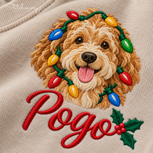 Custom Pet Portrait Christmas Lights Embroidered Sweatshirt with Name – Personalized Pet Lover Gift