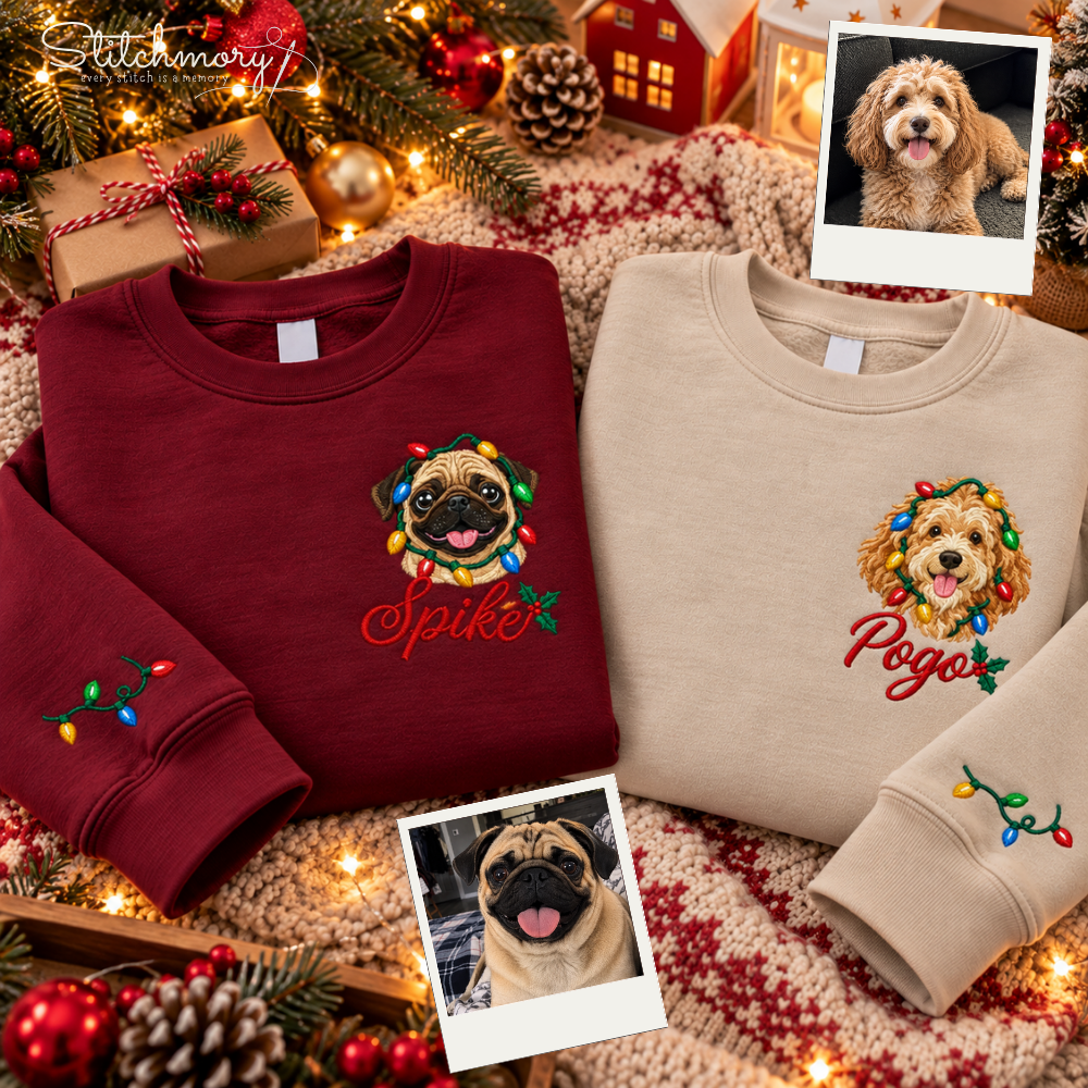 Custom Pet Portrait Christmas Lights Embroidered Sweatshirt with Name – Personalized Pet Lover Gift