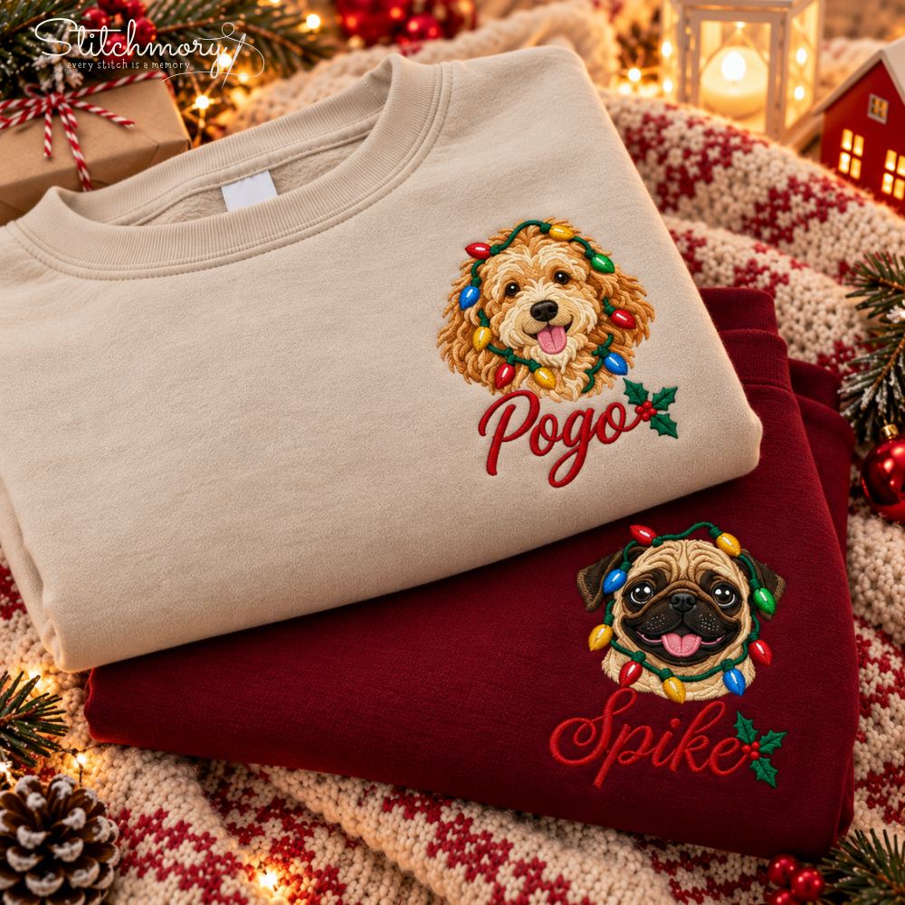 Custom Pet Portrait Christmas Lights Embroidered Sweatshirt with Name – Personalized Pet Lover Gift