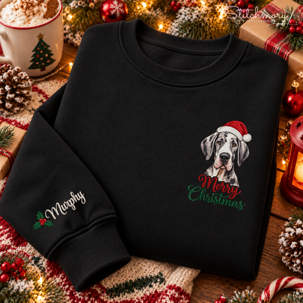 Custom Pet Portrait Merry Christmas Embroidered Sweatshirt with Name, Gifts For Pet Lovers