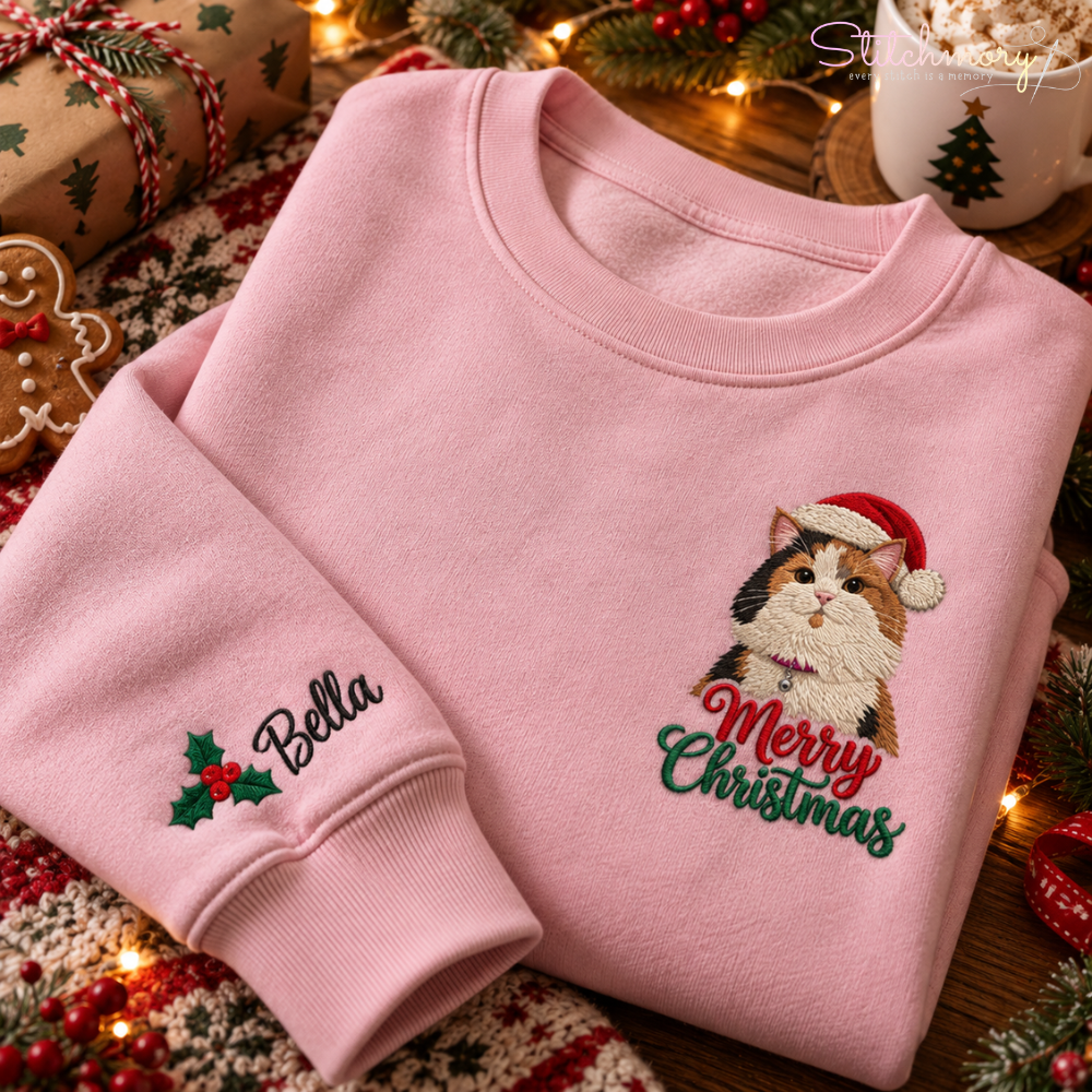 Custom Pet Portrait Merry Christmas Embroidered Sweatshirt with Name, Gifts For Pet Lovers