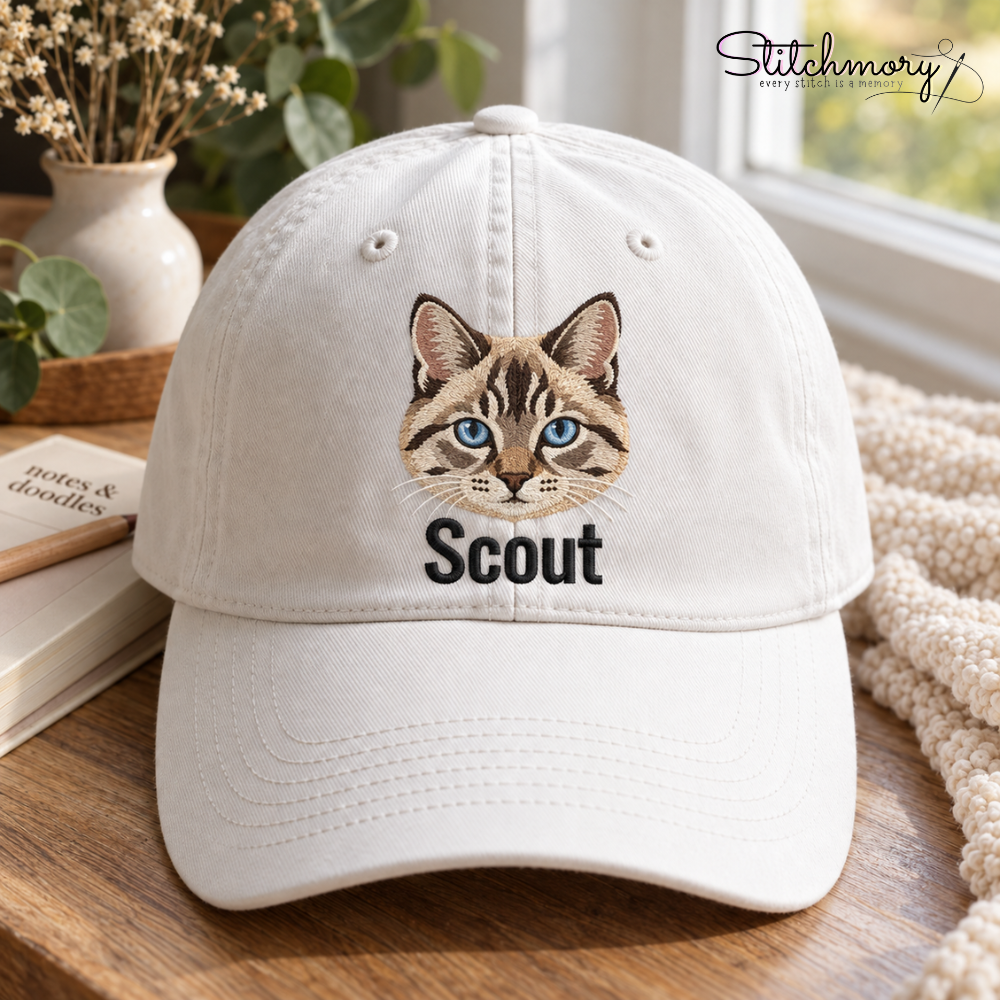 Custom Tuxedo Cat Embroidered Washed Cap – Personalized Pet Portrait Cap