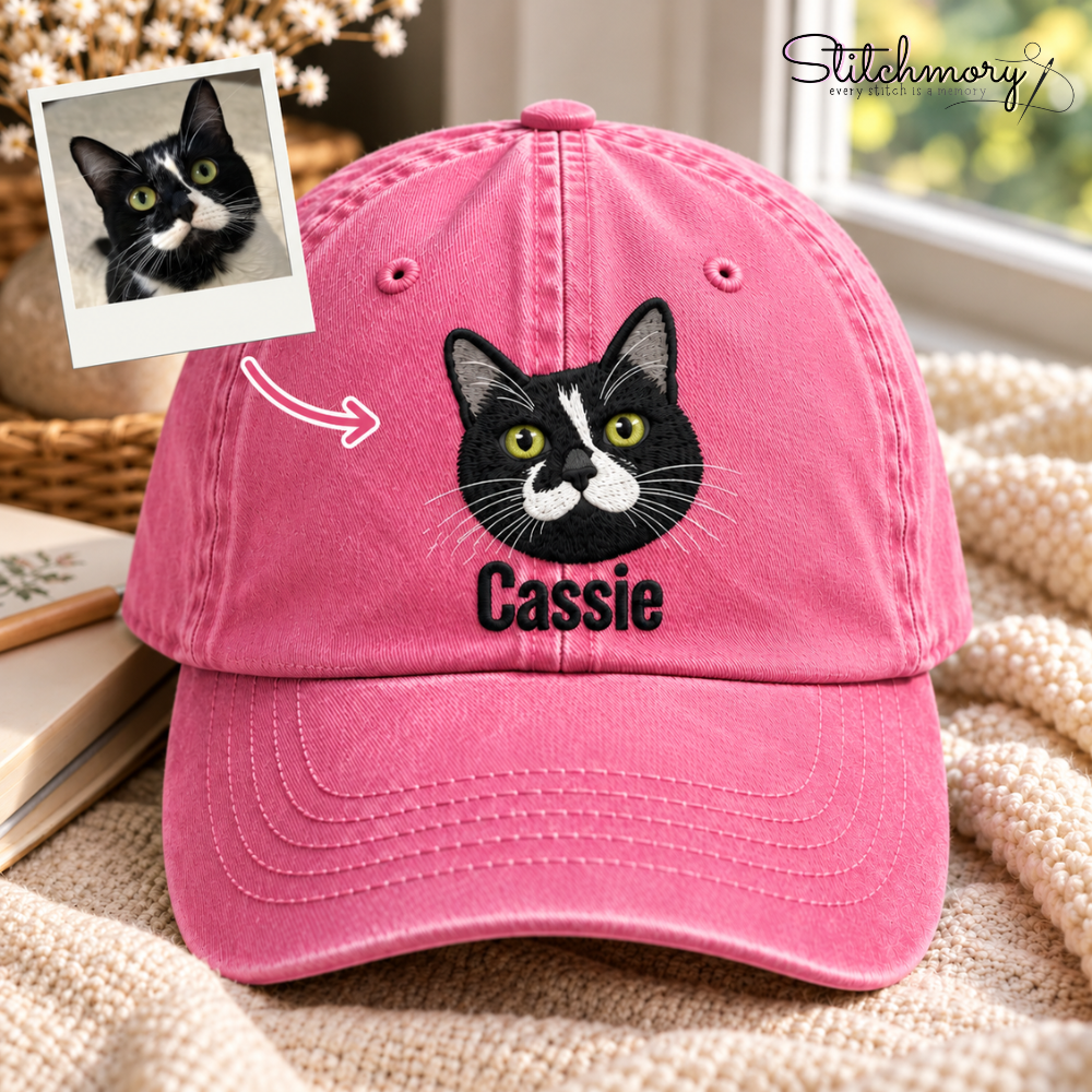 Custom Tuxedo Cat Embroidered Washed Cap – Personalized Pet Portrait Cap