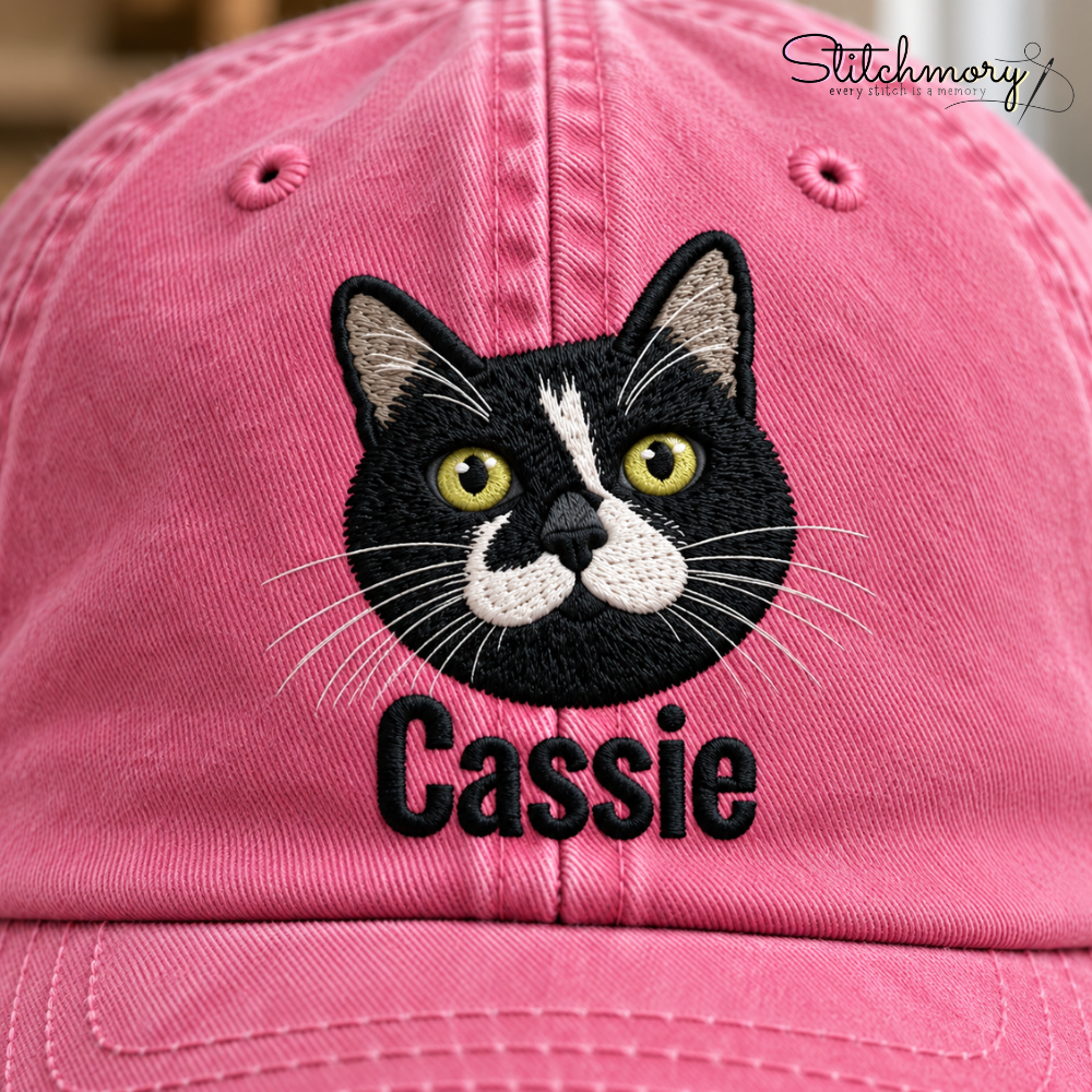 Custom Tuxedo Cat Embroidered Washed Cap – Personalized Pet Portrait Cap