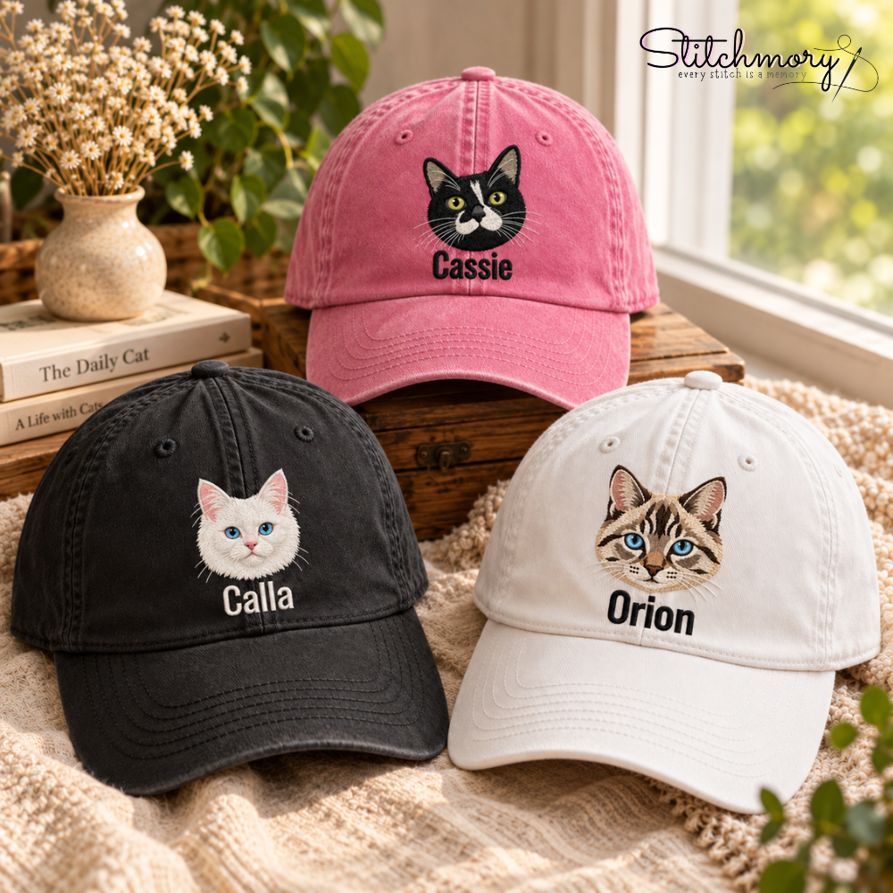 Custom Tuxedo Cat Embroidered Washed Cap – Personalized Pet Portrait Cap