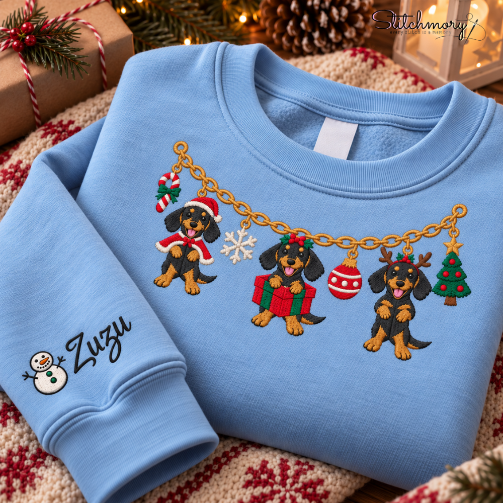 Dachshund Christmas Charm Necklace Embroidered Sweatshirt With Custom Name, Dachshund Lover Gifts