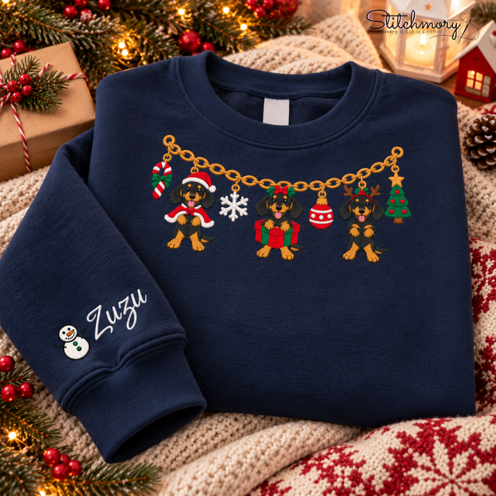 Dachshund Christmas Charm Necklace Embroidered Sweatshirt With Custom Name, Dachshund Lover Gifts